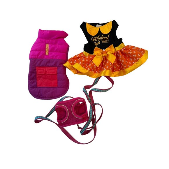 Wicked Sweet Dog Dress & Pink Mesh Dog Vest Harness With Leash Set and rain coat - Picture 1 of 2